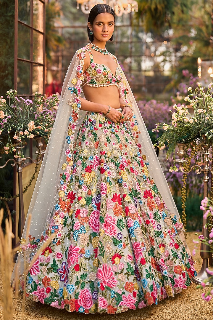Multi-Colored Net Floral Thread Embroidered Bridal Lehenga Set by Seema Gujral at Pernia's Pop Up Shop