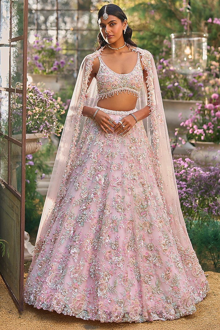 Light Pink Net Floral Embroidered Bridal Lehenga Set by Seema Gujral at Pernia's Pop Up Shop