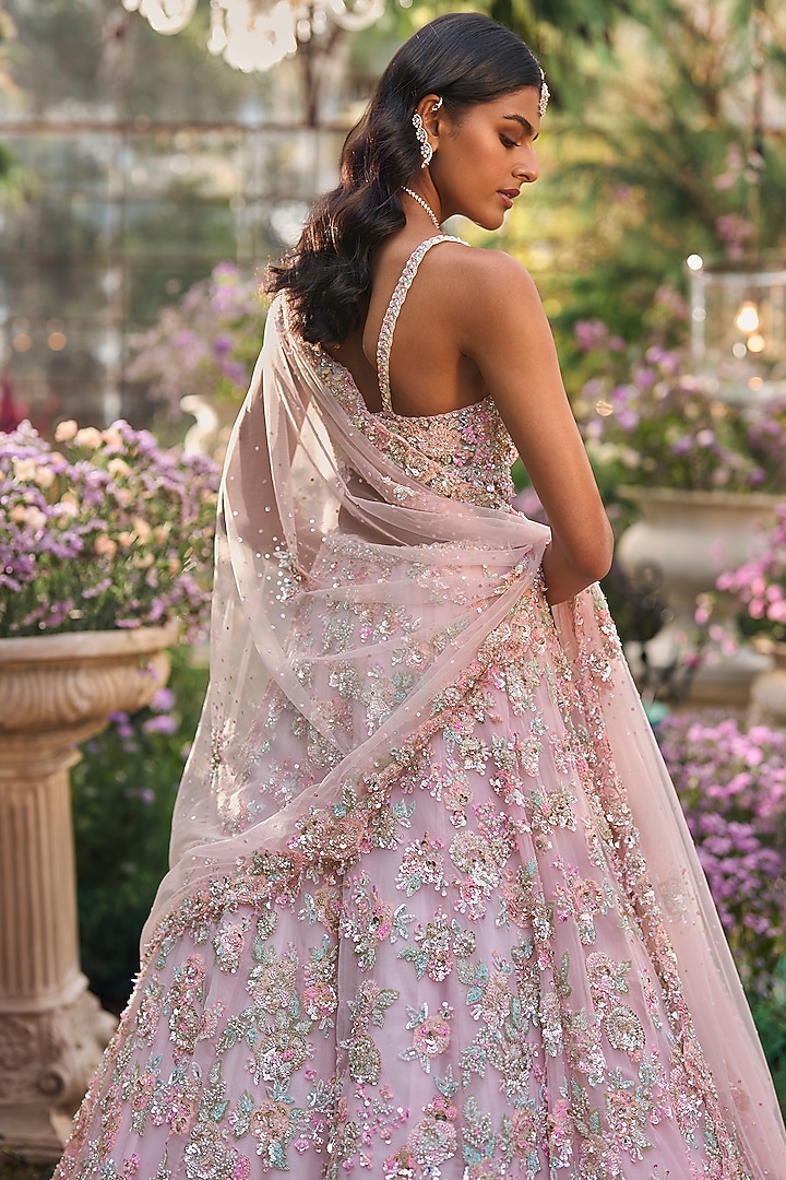 Light Pink Net Floral Embroidered Bridal Lehenga Set by Seema Gujral at Pernia's Pop Up Shop