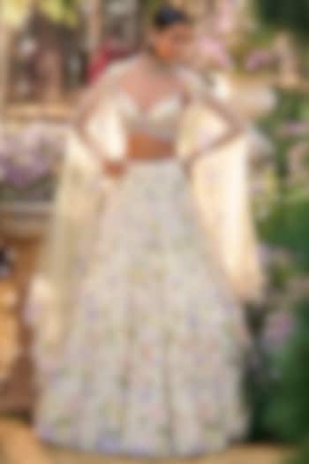 Butter Yellow Net Floral Embroidered Bridal Lehenga Set by Seema Gujral at Pernia's Pop Up Shop