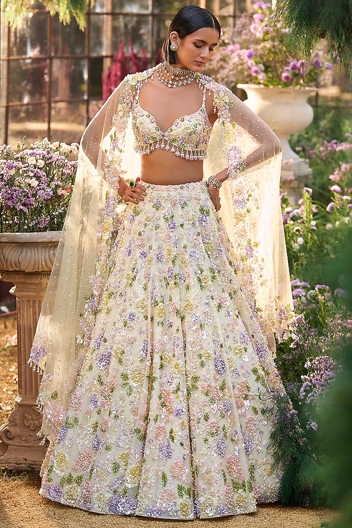 Butter Yellow Net Floral Embroidered Bridal Lehenga Set by Seema Gujral at Pernia's Pop Up Shop