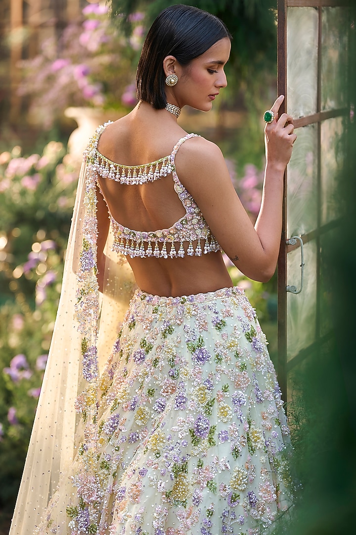 Butter Yellow Net Floral Embroidered Bridal Lehenga Set by Seema Gujral at Pernia's Pop Up Shop