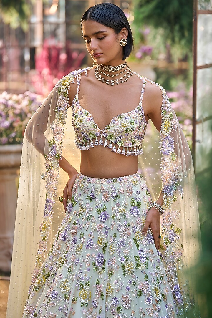 Butter Yellow Net Floral Embroidered Bridal Lehenga Set by Seema Gujral at Pernia's Pop Up Shop