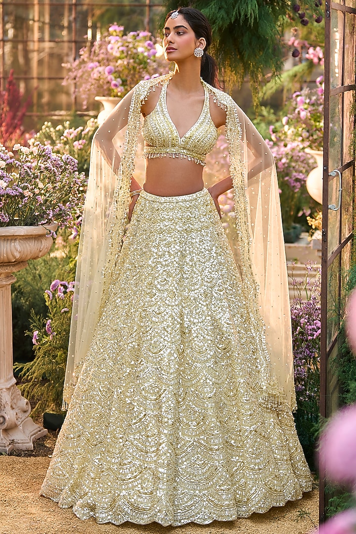 Lemon Yellow Net Sequins Embroidered Bridal Lehenga Set by Seema Gujral at Pernia's Pop Up Shop