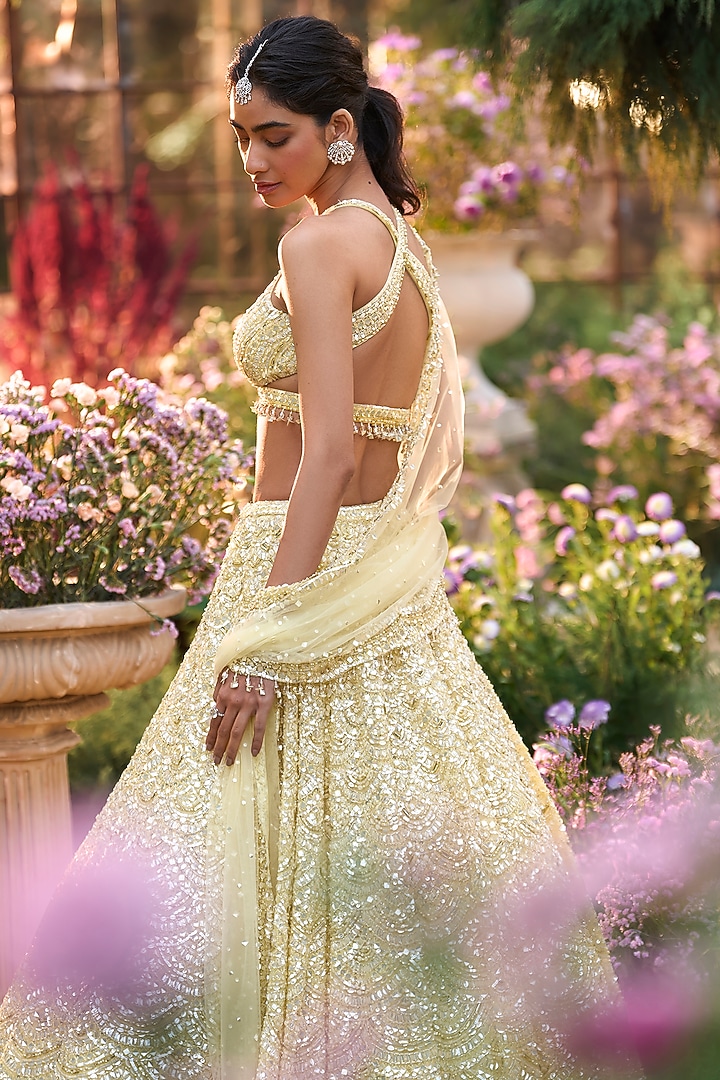 Lemon Yellow Net Sequins Embroidered Bridal Lehenga Set by Seema Gujral at Pernia's Pop Up Shop