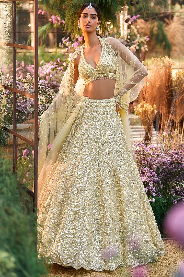Lemon Yellow Net Sequins Embroidered Bridal Lehenga Set by Seema Gujral at Pernia's Pop Up Shop