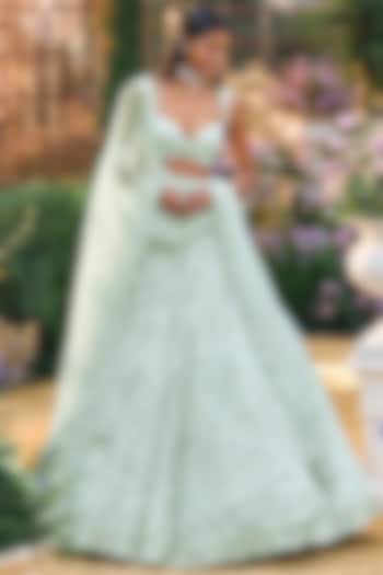 Soft Aqua Net Sequins Embroidered Bridal Lehenga Set by Seema Gujral at Pernia's Pop Up Shop