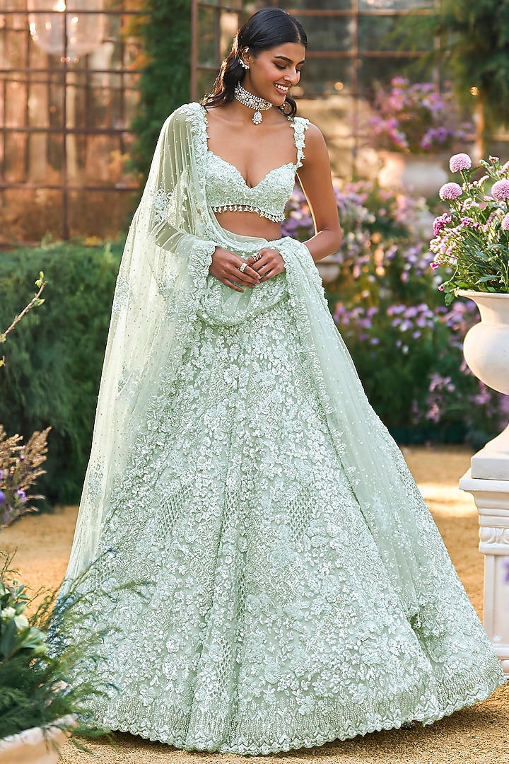 Soft Aqua Net Sequins Embroidered Bridal Lehenga Set by Seema Gujral at Pernia's Pop Up Shop