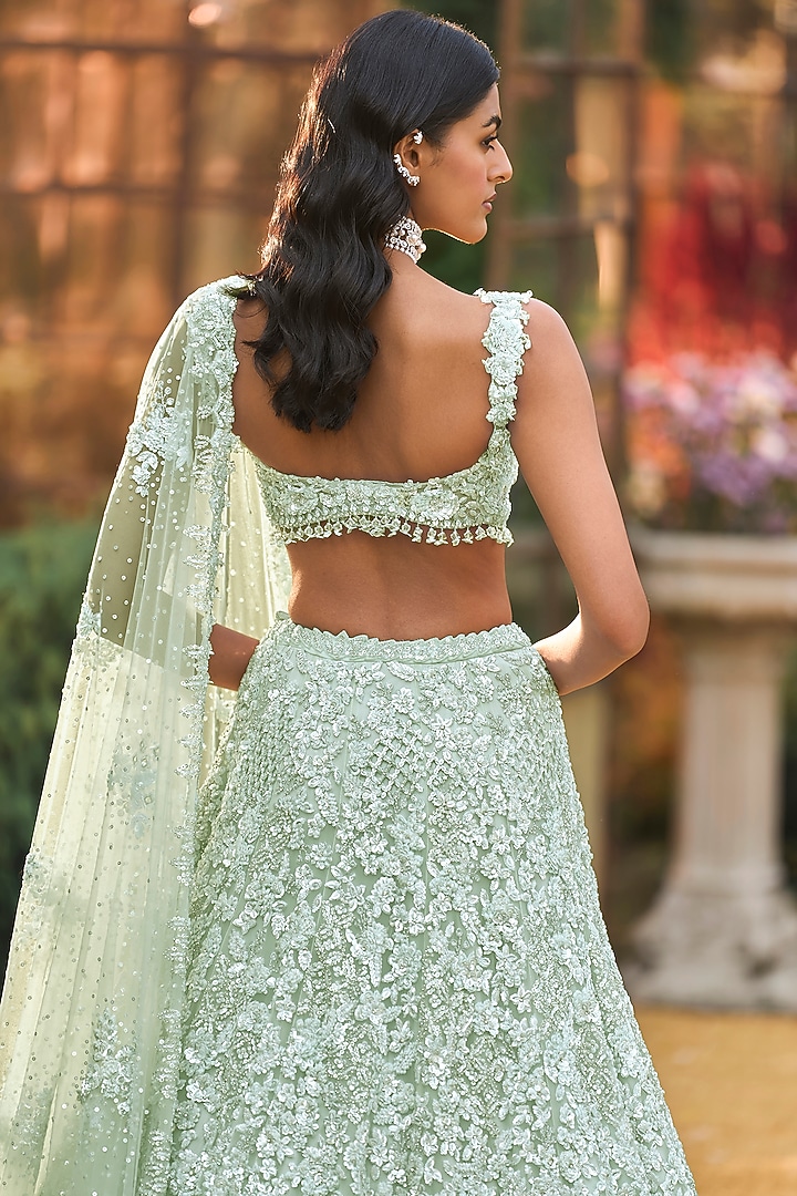 Soft Aqua Net Sequins Embroidered Bridal Lehenga Set by Seema Gujral at Pernia's Pop Up Shop