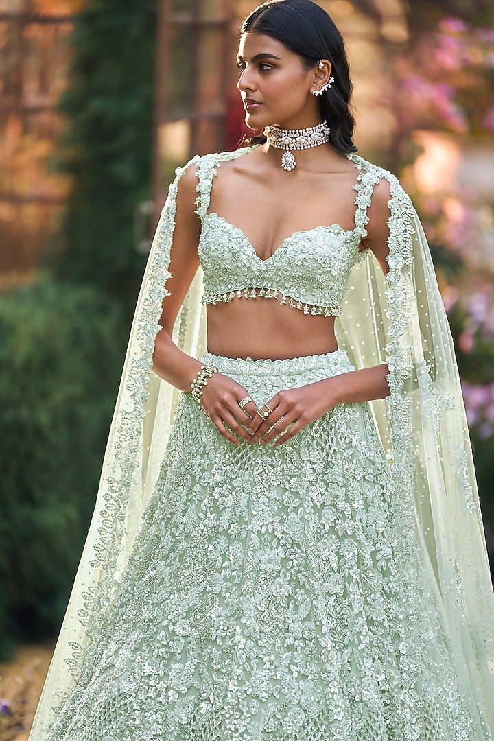 Soft Aqua Net Sequins Embroidered Bridal Lehenga Set by Seema Gujral at Pernia's Pop Up Shop