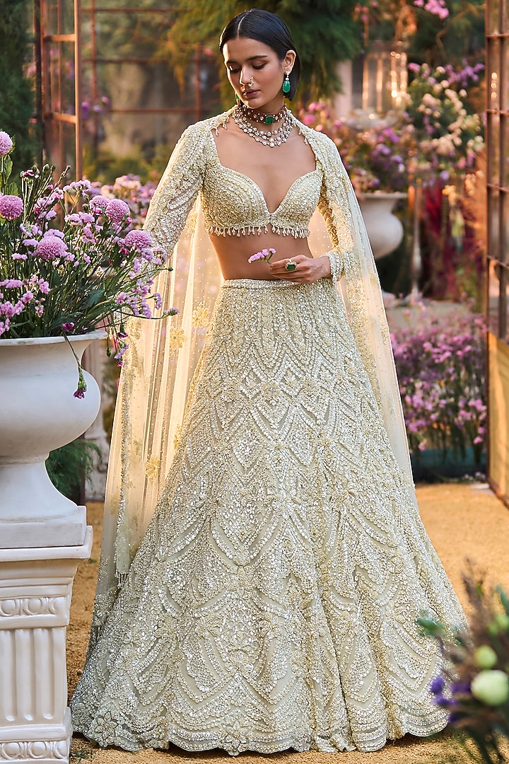 Sage Green Net Sequins Embroidered Bridal Lehenga Set by Seema Gujral at Pernia's Pop Up Shop