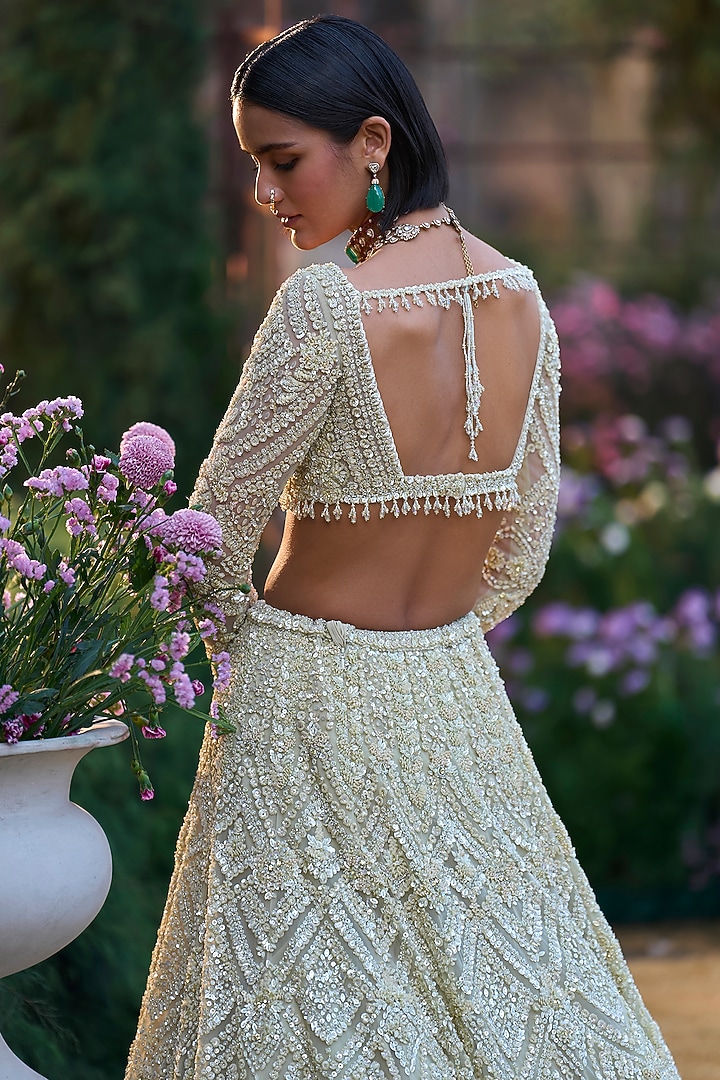 Sage Green Net Sequins Embroidered Bridal Lehenga Set by Seema Gujral at Pernia's Pop Up Shop