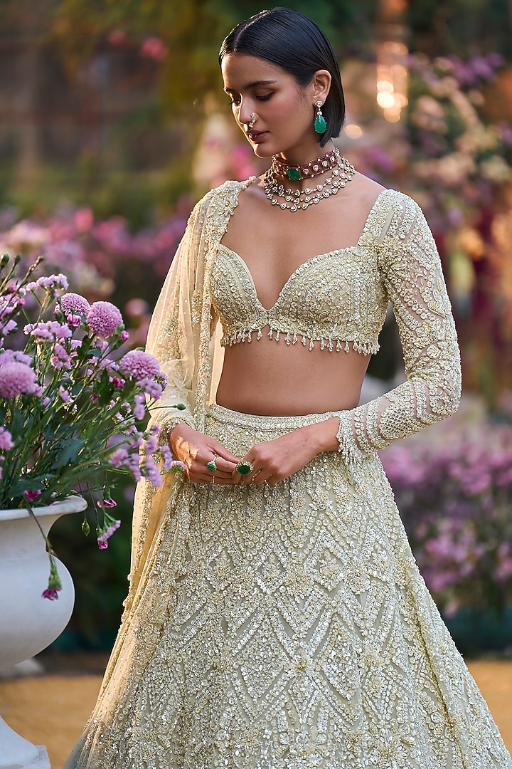 Sage Green Net Sequins Embroidered Bridal Lehenga Set by Seema Gujral at Pernia's Pop Up Shop