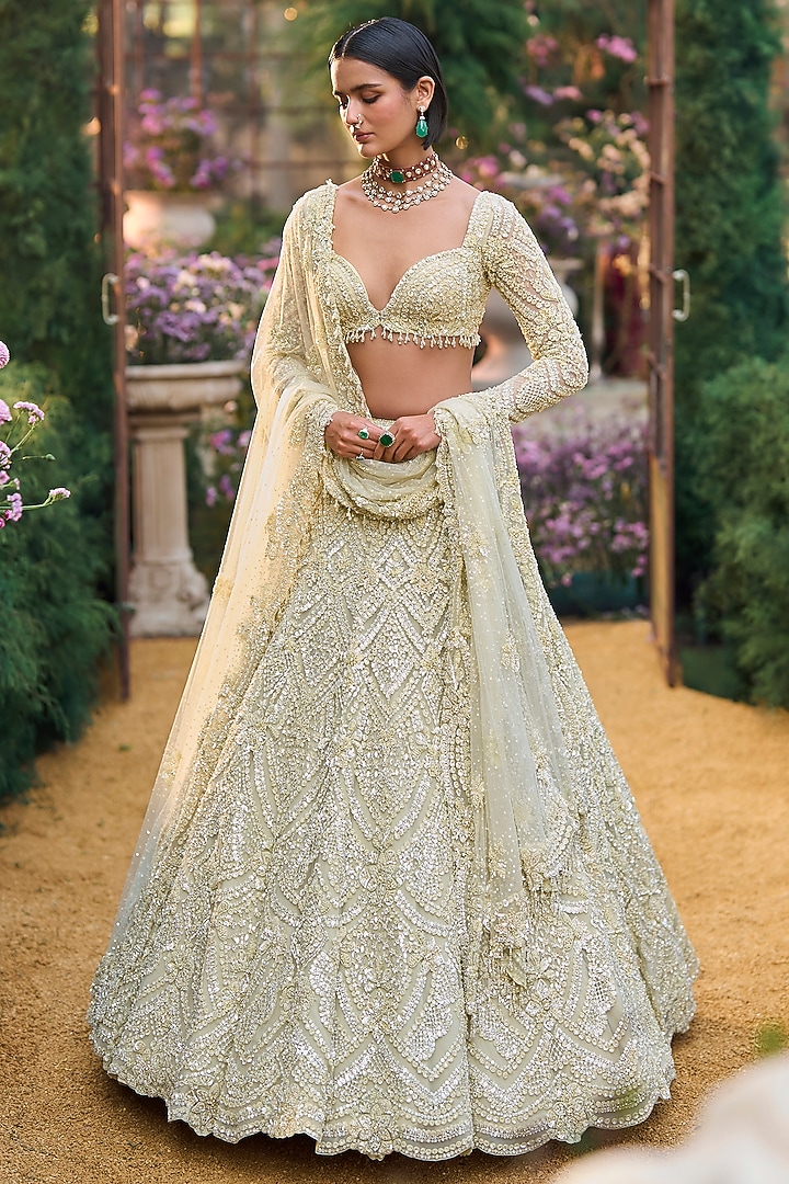 Sage Green Net Sequins Embroidered Bridal Lehenga Set by Seema Gujral at Pernia's Pop Up Shop