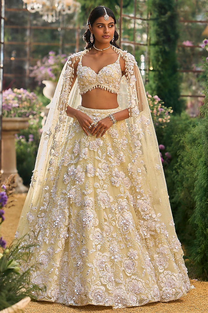 Lime Yellow Tulle & Net Sequin Embroidered Bridal Lehenga Set by Seema Gujral at Pernia's Pop Up Shop