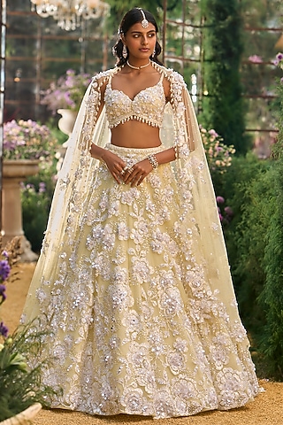 Lime Yellow Tulle & Net Sequin Embroidered Lehenga Set by Seema Gujral