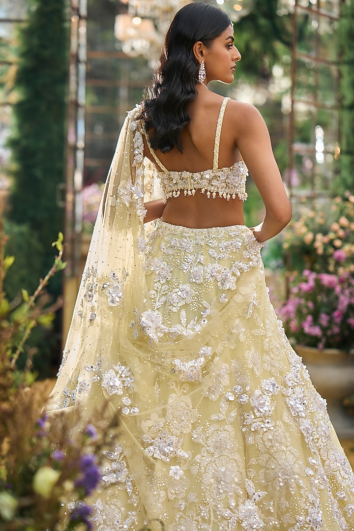 Lime Yellow Tulle & Net Sequin Embroidered Bridal Lehenga Set by Seema Gujral at Pernia's Pop Up Shop