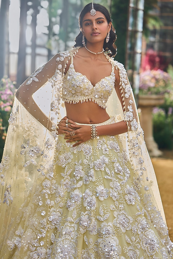 Lime Yellow Tulle & Net Sequin Embroidered Bridal Lehenga Set by Seema Gujral at Pernia's Pop Up Shop