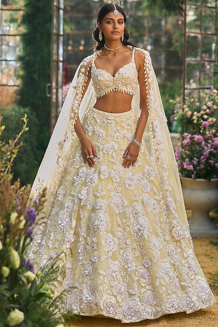 Lime Yellow Tulle & Net Sequin Embroidered Bridal Lehenga Set by Seema Gujral at Pernia's Pop Up Shop