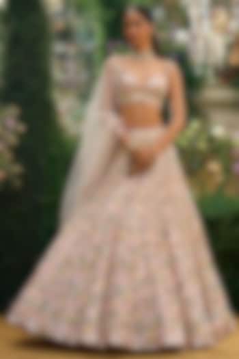 Powder Peach Tulle & Net Sequin Embroidered Bridal Lehenga Set by Seema Gujral at Pernia's Pop Up Shop