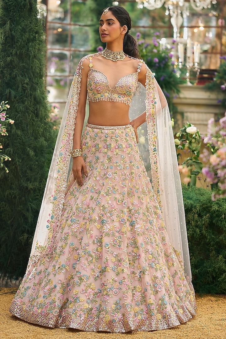 Powder Peach Tulle & Net Sequin Embroidered Bridal Lehenga Set by Seema Gujral at Pernia's Pop Up Shop