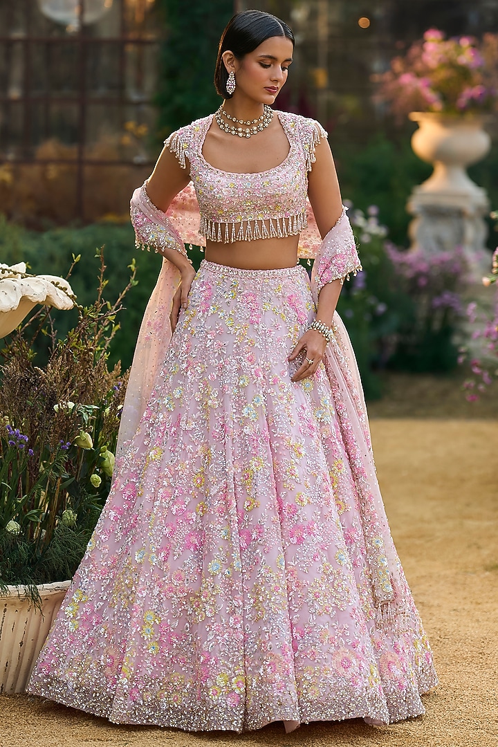 Powder Pink Net Tonal Sequin Embroidered Bridal Lehenga Set by Seema Gujral at Pernia's Pop Up Shop