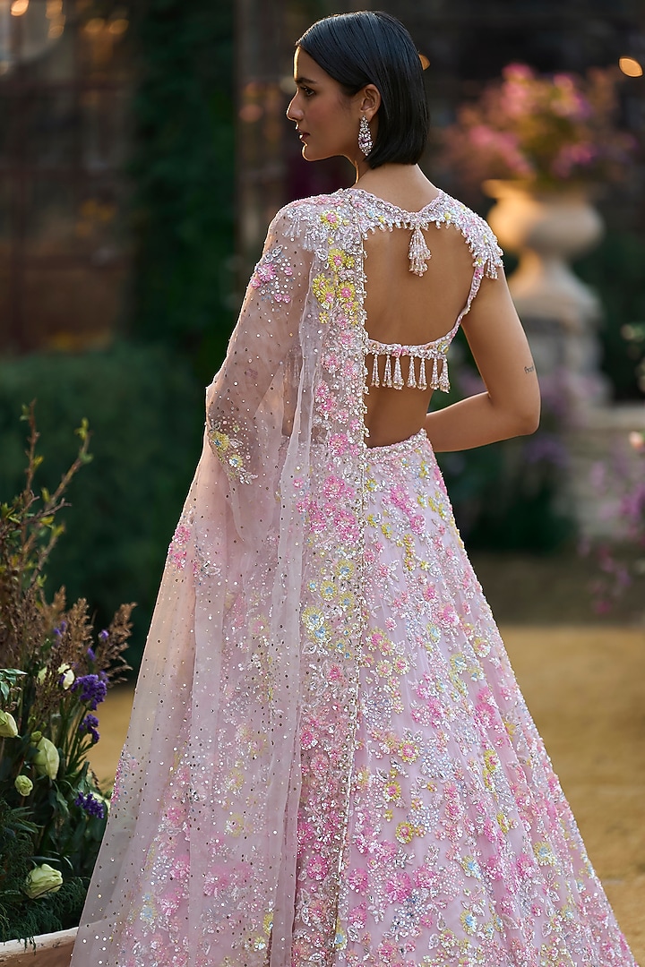 Powder Pink Net Tonal Sequin Embroidered Bridal Lehenga Set by Seema Gujral at Pernia's Pop Up Shop