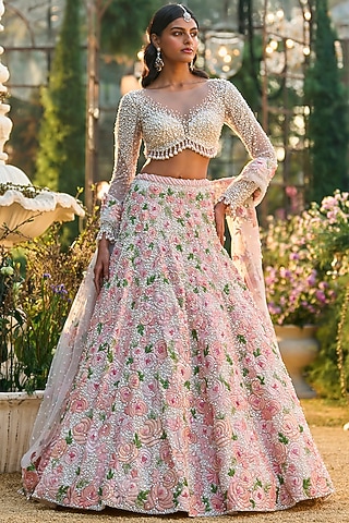 Powder Peach Tulle & Net Silk Thread Embroidered Lehenga Set by Seema Gujral