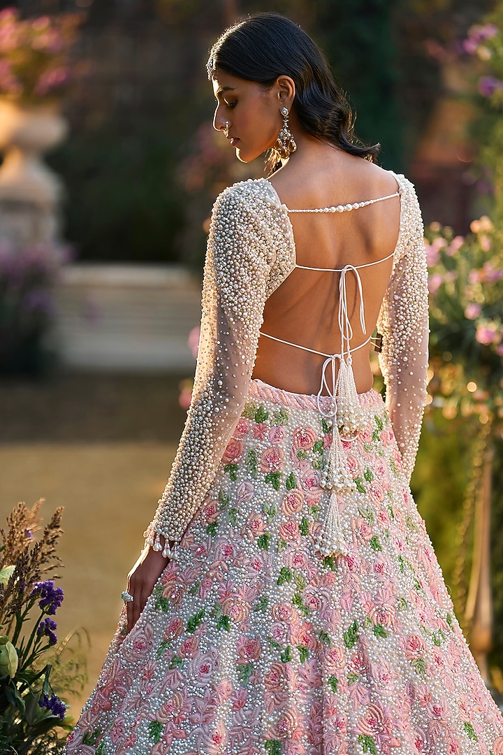 Powder Peach Tulle & Net Silk Thread Embroidered Bridal Lehenga Set by Seema Gujral at Pernia's Pop Up Shop