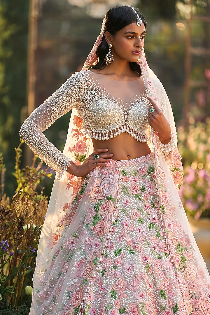 Powder Peach Tulle & Net Silk Thread Embroidered Bridal Lehenga Set by Seema Gujral at Pernia's Pop Up Shop