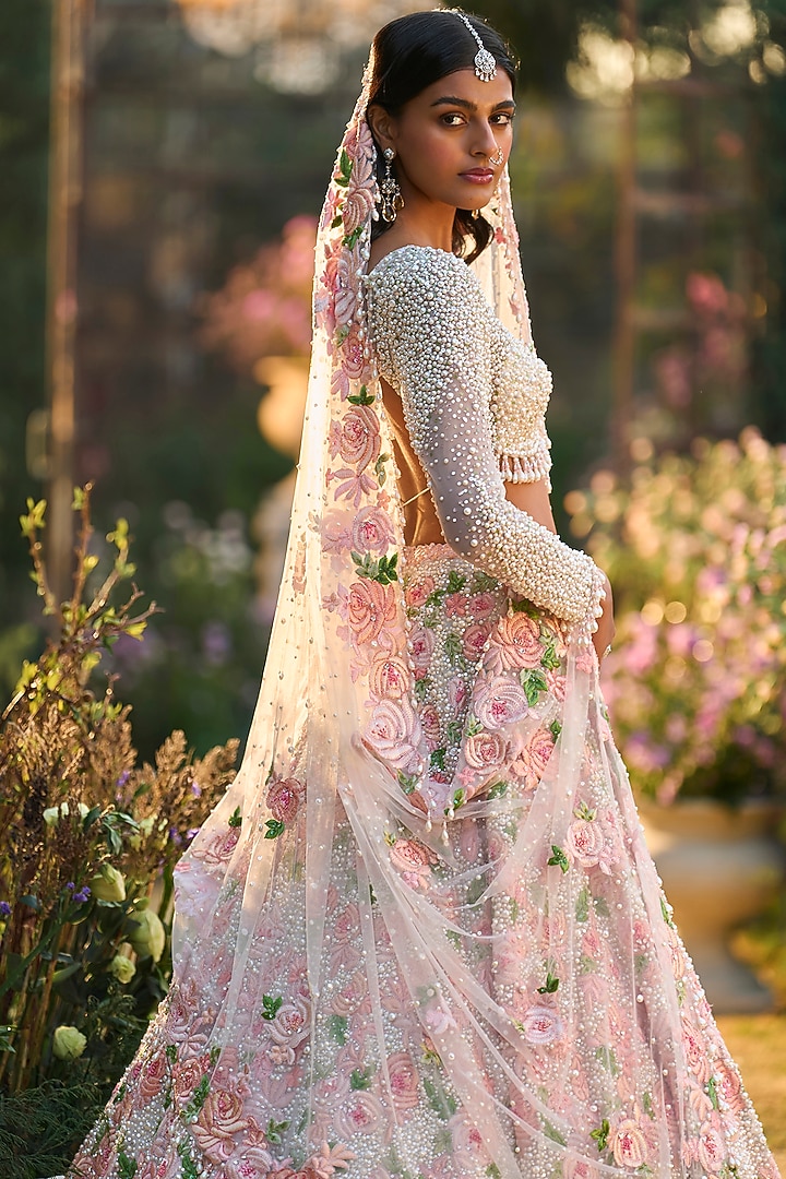 Powder Peach Tulle & Net Silk Thread Embroidered Bridal Lehenga Set by Seema Gujral at Pernia's Pop Up Shop