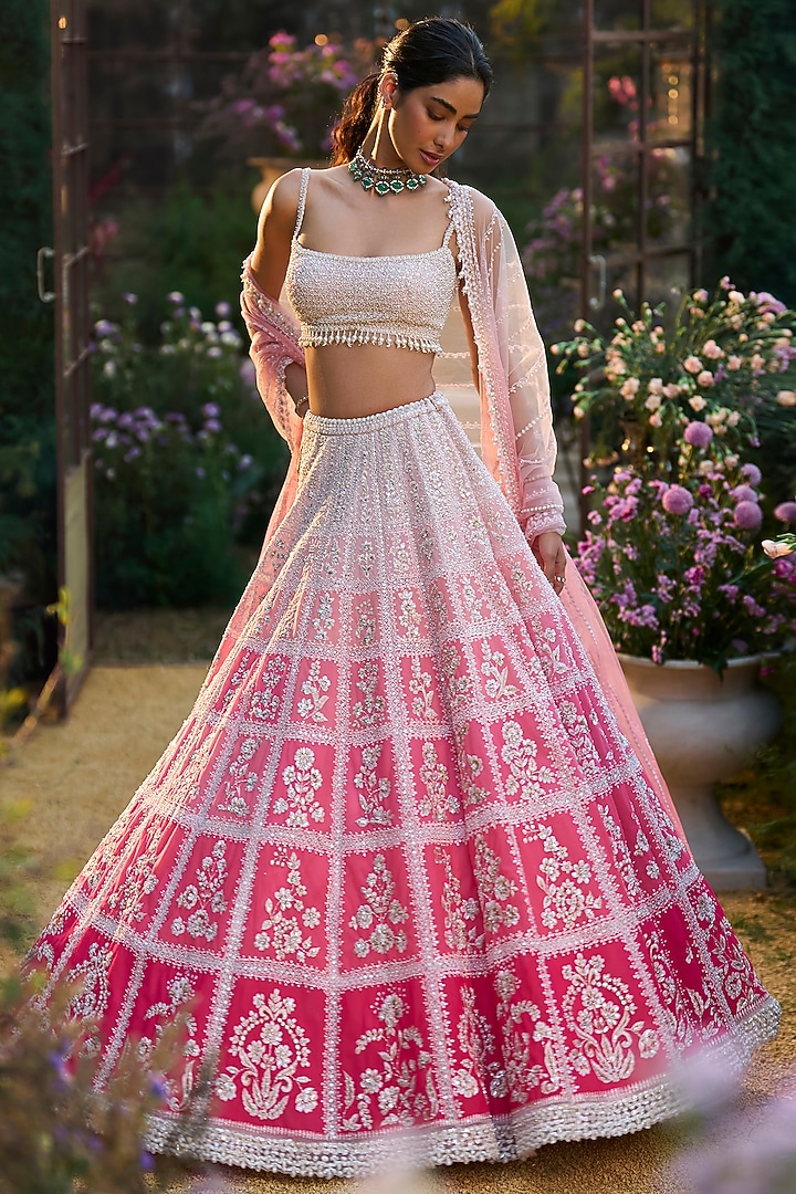Pink Ombre Tulle & Net Sequin Embroidered Bridal Lehenga Set by Seema Gujral at Pernia's Pop Up Shop