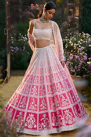 Pink Ombre Tulle & Net Sequin Embroidered Lehenga Set by Seema Gujral