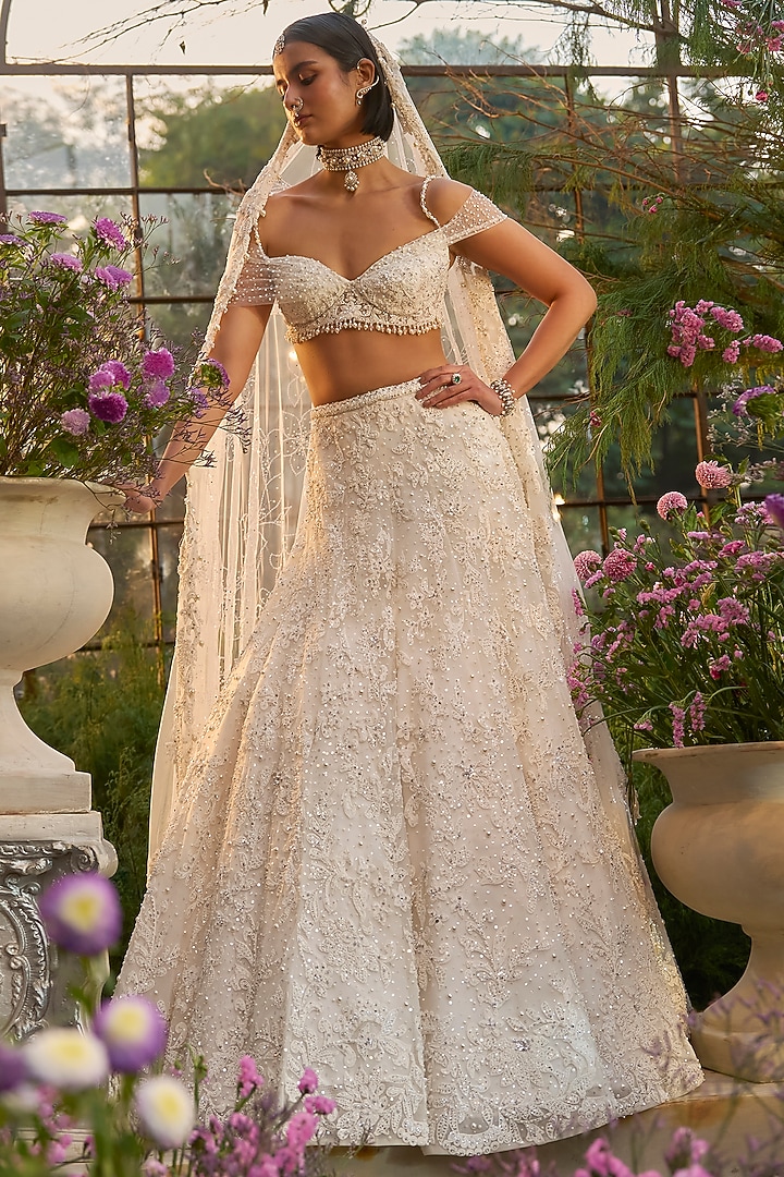 Ivory Net Sequin & Crystal Embroidered Bridal Lehenga Set by Seema Gujral at Pernia's Pop Up Shop
