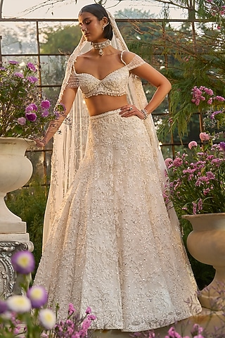 Ivory Net Sequin & Crystal Embroidered Lehenga Set by Seema Gujral