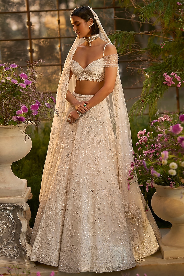 Ivory Net Sequin & Crystal Embroidered Bridal Lehenga Set by Seema Gujral at Pernia's Pop Up Shop