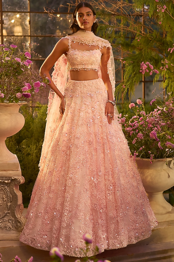 Candy Pink Net 3D Sequin Embroidered Bridal Lehenga Set by Seema Gujral at Pernia's Pop Up Shop