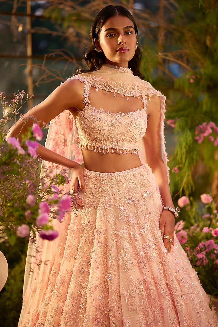 Candy Pink Net 3D Sequin Embroidered Bridal Lehenga Set by Seema Gujral at Pernia's Pop Up Shop