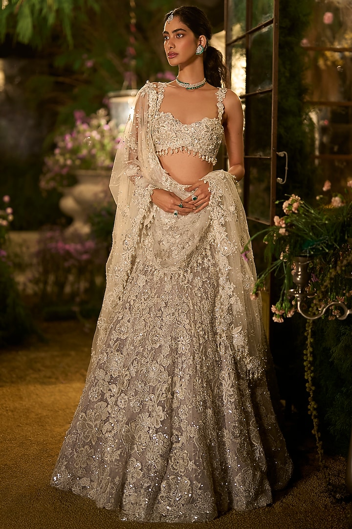 Ice Grey Net Bead & Sequin Embroidered Bridal Lehenga Set by Seema Gujral at Pernia's Pop Up Shop