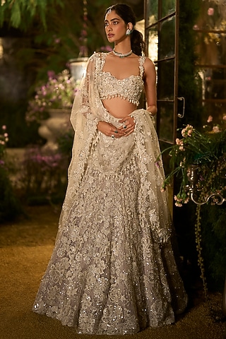 Ice Grey Net Bead & Sequin Embroidered Lehenga Set by Seema Gujral