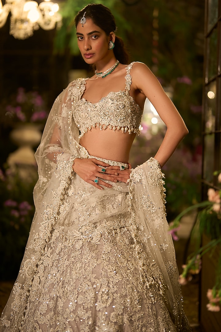 Ice Grey Net Bead & Sequin Embroidered Bridal Lehenga Set by Seema Gujral at Pernia's Pop Up Shop