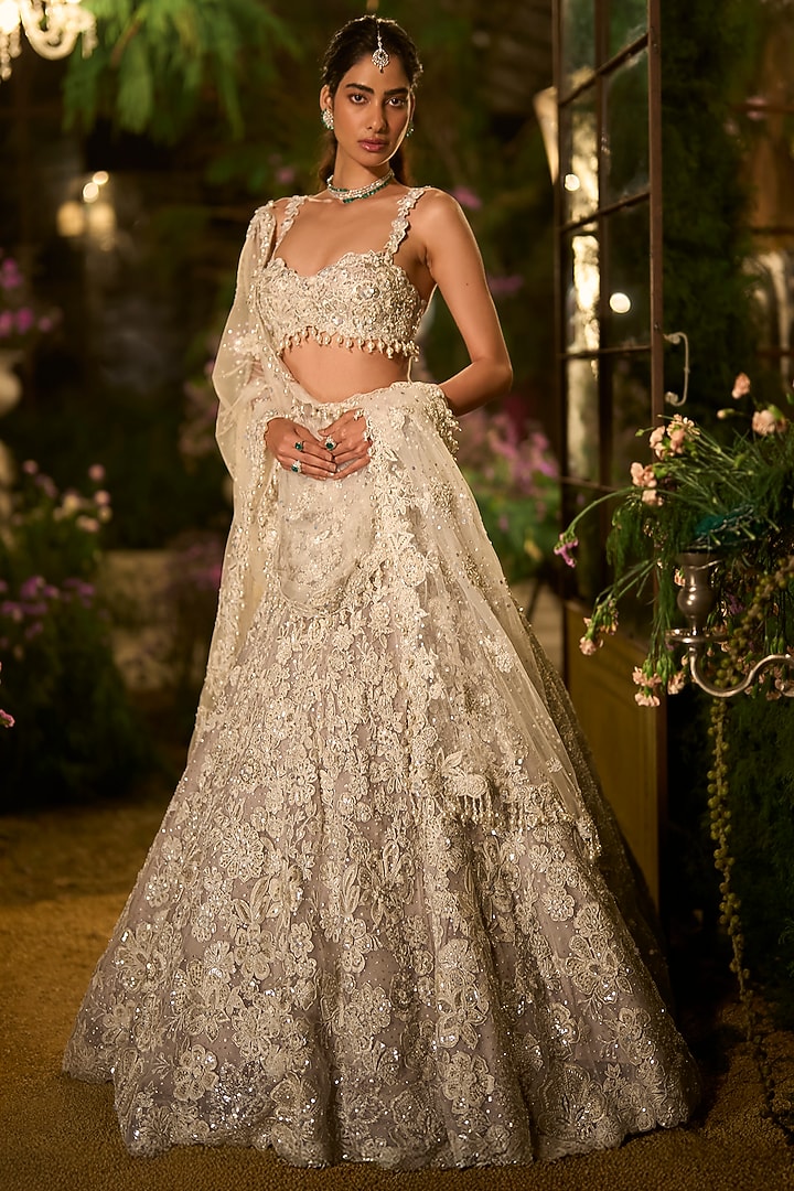 Ice Grey Net Bead & Sequin Embroidered Bridal Lehenga Set by Seema Gujral at Pernia's Pop Up Shop