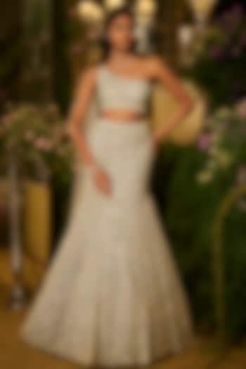 Periwinkle Blue Net Sequin Embroidered Skirt Set by Seema Gujral at Pernia's Pop Up Shop