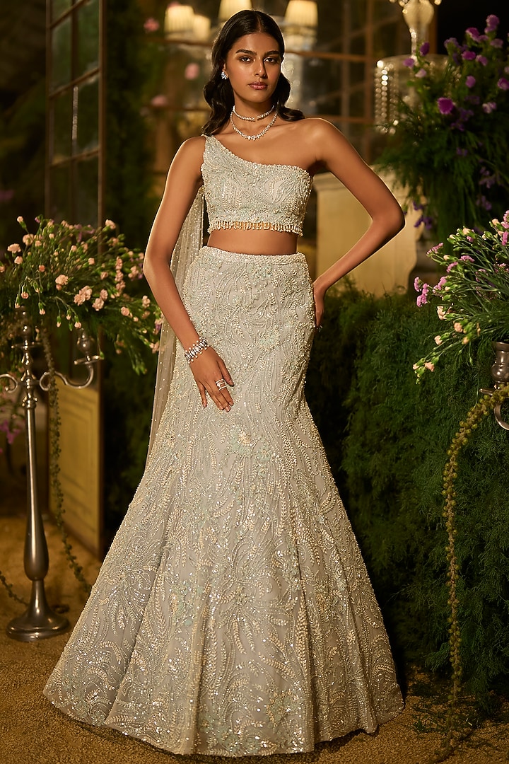 Periwinkle Blue Net Sequin Embroidered Skirt Set by Seema Gujral at Pernia's Pop Up Shop