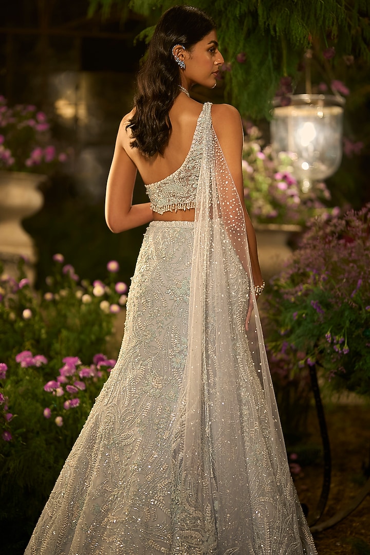 Periwinkle Blue Net Sequin Embroidered Skirt Set by Seema Gujral at Pernia's Pop Up Shop