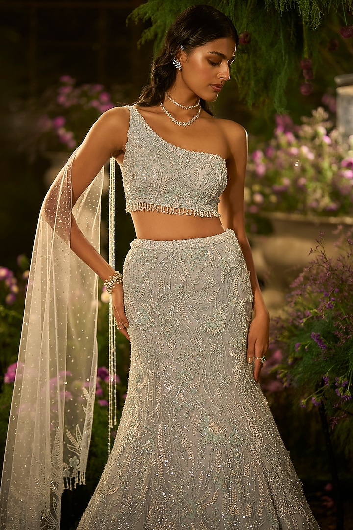 Periwinkle Blue Net Sequin Embroidered Skirt Set by Seema Gujral at Pernia's Pop Up Shop