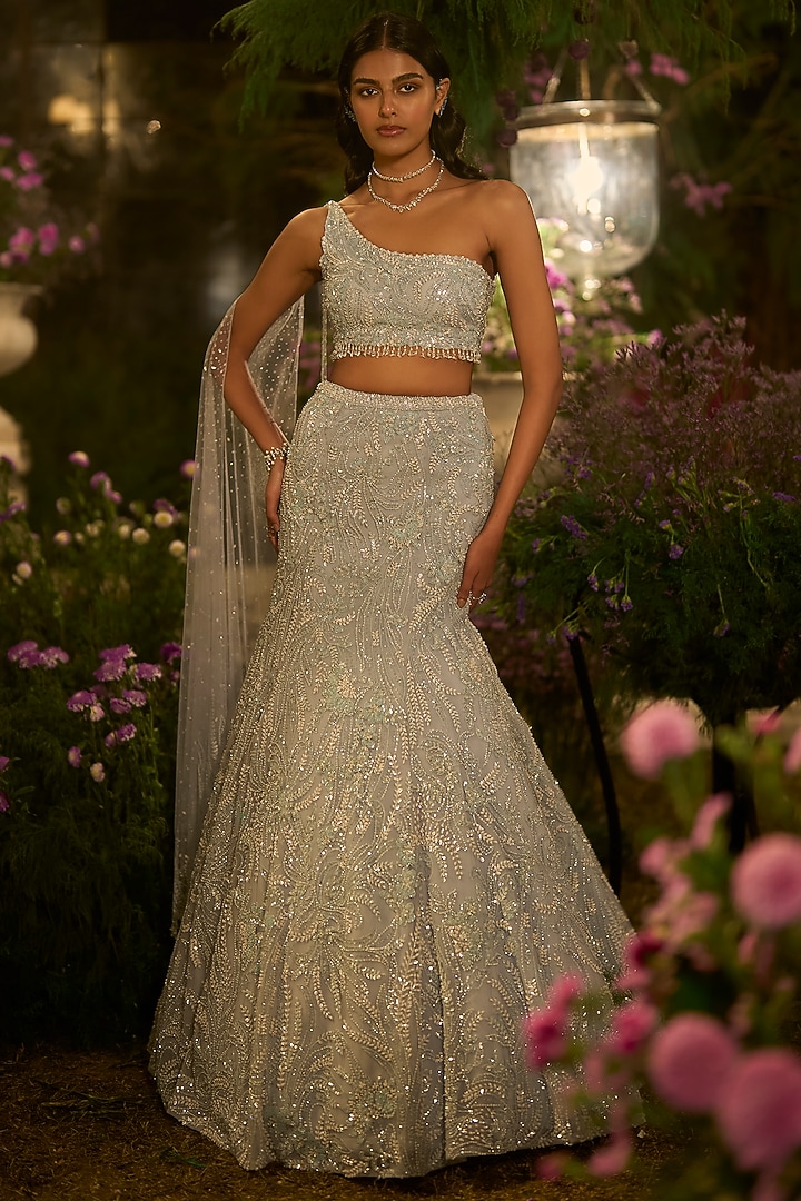 Periwinkle Blue Net Sequin Embroidered Skirt Set by Seema Gujral at Pernia's Pop Up Shop