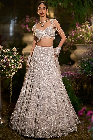 Slate Grey Net Sequin & Crystal Embroidered Lehenga Set by Seema Gujral