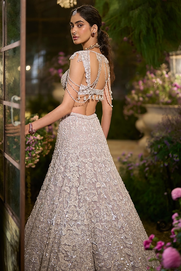 Slate Grey Net Sequin & Crystal Embroidered Bridal Lehenga Set by Seema Gujral at Pernia's Pop Up Shop