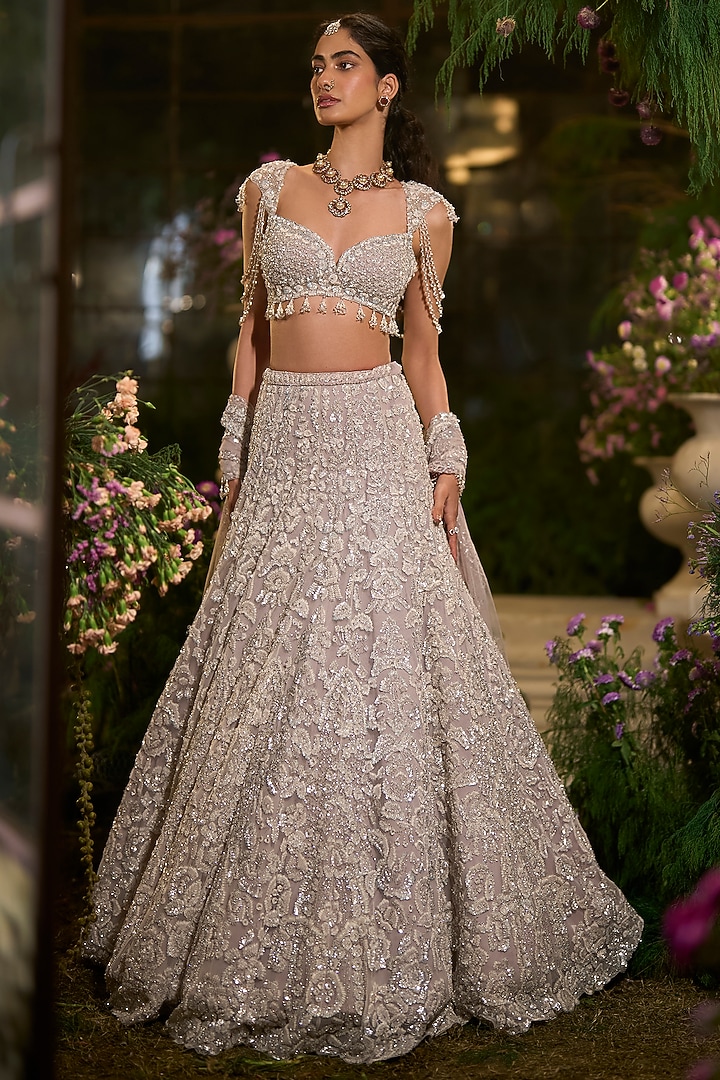 Slate Grey Net Sequin & Crystal Embroidered Bridal Lehenga Set by Seema Gujral at Pernia's Pop Up Shop